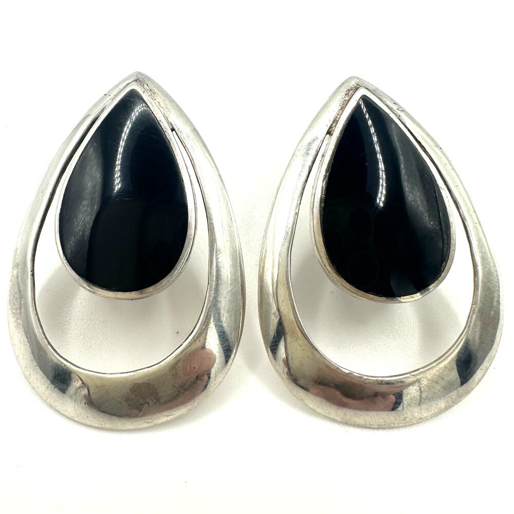 Thai vintage 925 sterling silver genuine black onyx teardrop post earrings 8.40g